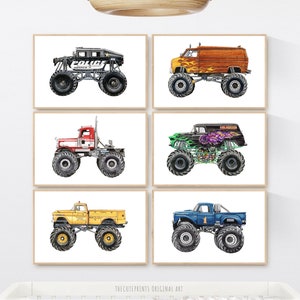 Toddler Bedroom Decor, Monster Truck Prints Set of 6 Monster Truck Toddler Room Printable Wall Art, Print Birthday Gift Decor