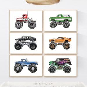 Monster Truck Decor Prints, Set of 6 Printable Wall Art Monster Truck, Toddler Room Birthday Gift Printable Wall Art Decor