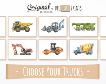 Construction Vehicle Prints, Set of 6 Truck Wall Art, Boys Gallery, Set of Transportation Prints Nursery, Watercolor Art, Truck Print