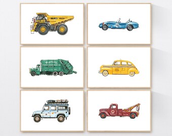 Nursery Art Prints, Set of 6 Classic Car Truck Printable Wall Art, Transportation Prints Set of Nursery Wall Art, Boys Room Decor
