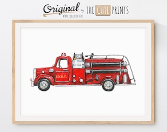 Brandweerwagen print, brandweerwagen afdrukbaar, reddingsauto print, brandweerwagen decor, kinderkamer kunst aan de muur, transport kunst aan de muur, brandweerwagen verjaardag