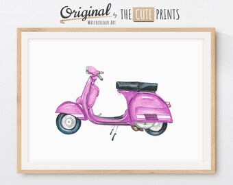 Vespa Scooter Print, Printable Vespa Wall Art, Purple Classic Scooter Wall Art Watercolor, Vespa Vehicle Nursery Decor, Apartment Wall Decor