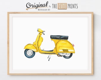 Classic Scooter Art, Yellow Scooter Print, Watercolor Vespa Nursery Wall Art, Moped Illustration, Moped Drawing, Watercolor Wall Art, Poster
