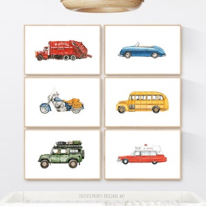 Set of 6 Car Prints, Classic Car Printable Wall Art, Transportation Nursery Wall Art, Boys Room Decor, Truck Nursery Prints