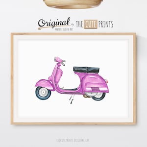 Vespa Scooter Print, Printable Vespa Wall Art, Purple Classic Scooter Wall Art Watercolor, Vespa Vehicle Nursery Decor, Apartment Wall Decor
