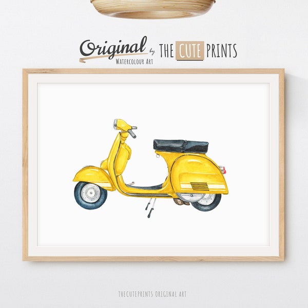 Art de scooter classique, impression de scooter jaune, art mural aquarelle pour chambre d'enfant Vespa, illustration de cyclomoteur, dessin de cyclomoteur, art mural aquarelle, affiche