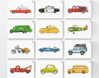 Klasyczne wydruki samochodowe, zrób zestaw 6 grafik ściennych do pokoju dziecięcego, grafika ścienna do pokoju chłopięcego, dekoracje do pokoju dziecięcego z nadrukami ciężarówek