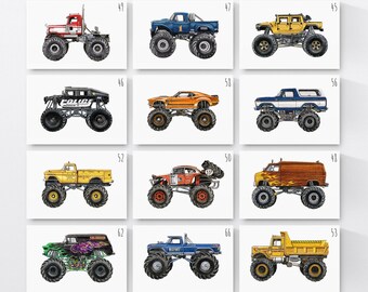 Monster Truck, zrób zestaw 6 Monster Truck akwarelowych wydruków, do wydrukowania dla chłopców, dekoracja pokoju, prezent urodzinowy, dekoracja ścienna