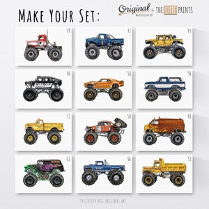 Monster Truck, Make a Set of 6 Monster Truck Watercolor Print, Printable Boys Room Decor Birthday Gift Wall Art Decor