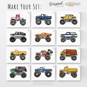 Monster Truck, crea un juego de 6 impresiones de acuarela de Monster Truck, decoración imprimible para habitación de niños, regalo de cumpleaños, arte de pared.