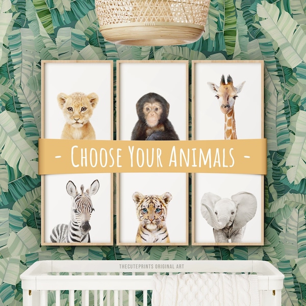 Dschungel Tierdruck, Safari-Kinderzimmer-Druck, Set von 6 Baby-Tiere, Wandkunst, druckbare Poster, digitaler Download