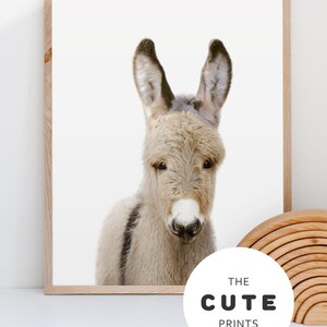 May include: A framed print of a cute donkey with a white background. The print has a brown frame and a white logo with the text "THE CUTE PRINTS" in black.