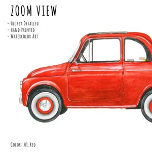 Może przedstawiać: Akwarela klasycznego czerwonego samochodu z białymi oponami. Obraz zawiera tekst "ZOOM VIEW" oraz szczeg&oacute;ły: "HIGHLY DETAILED", "HAND PAINTED" i "WATERCOLOR ART". Kolor jest oznaczony jako "01. RED".