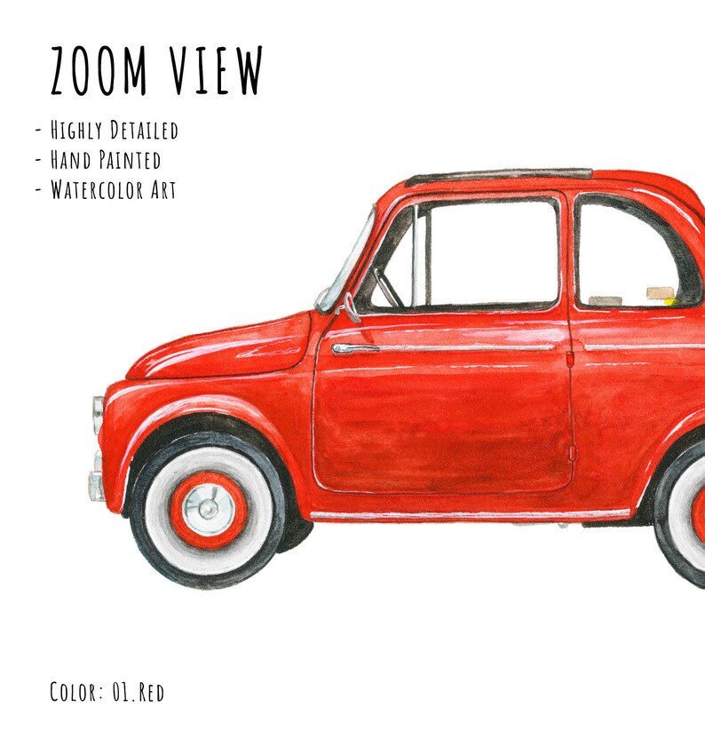 Może przedstawiać: Akwarela klasycznego czerwonego samochodu z białymi oponami. Obraz zawiera tekst "ZOOM VIEW" oraz szczeg&oacute;ły: "HIGHLY DETAILED", "HAND PAINTED" i "WATERCOLOR ART". Kolor jest oznaczony jako "01. RED".