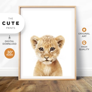 May include: A digital download of a printable art print featuring a close-up of a cute lion cub with big brown eyes. The background is white.