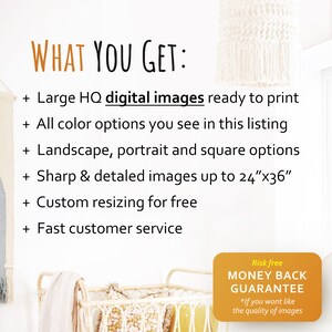 Puede incluir: Imagen con texto "WHAT YOU GET:" que enumera las caracter&iacute;sticas de las im&aacute;genes digitales. Incluye im&aacute;genes HQ grandes, opciones de color, opciones de paisaje, retrato y cuadrado, hasta 61cm x 91cm de tama&ntilde;o, cambio de tama&ntilde;o personalizado y servicio al cliente r&aacute;pido. Garant&iacute;a de devoluci&oacute;n.