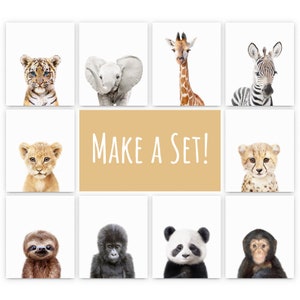 Láminas de animales para bebés, láminas de safari para guardería, juego personalizado de 6 impresiones de animales para pared de guardería, descarga digital