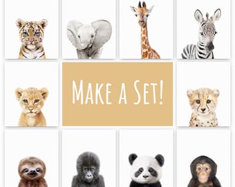 Baby Animal Prints, Safari Nursery Prints, Custom Set of 6 Nursery Animal Wall Art Digital Download
