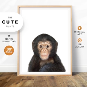 Impresión de mono, decoración imprimible para guardería, arte de pared de chimpancé, lindas impresiones de animales bebés