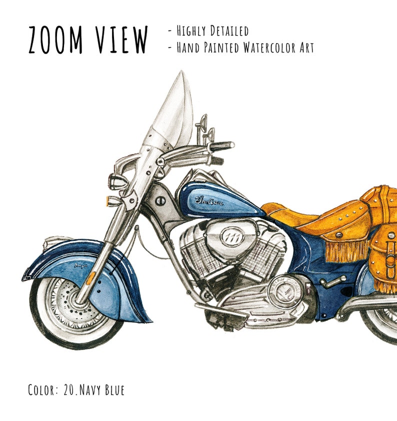 Puede incluir: Ilustraci&oacute;n en acuarela de una motocicleta azul marino con detalles cromados y una alforja de cuero marr&oacute;n. La imagen incluye el texto "ZOOM VIEW" y "COLOR: 20. NAVY BLUE". La obra es muy detallada y pintada a mano.