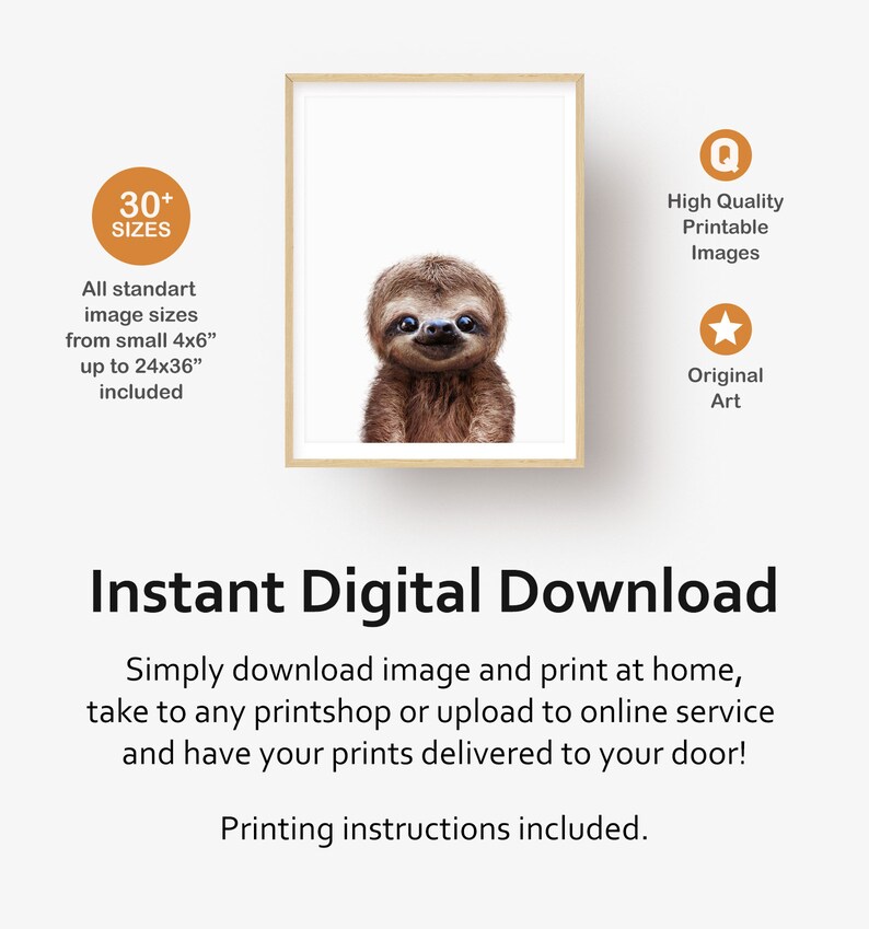May include: Digital download of a printable sloth illustration. The sloth is brown and has a white background. The image is available in over 30 sizes, from 4x6 inches to 24x36 inches. The image is high quality and original art.