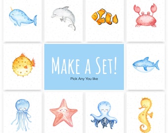 Under the sea prints, Ocean nursery wall art, Sea themed nursery, Sea printable, Ocean watercolor, Set of Nursery wall art, Ocean animal art