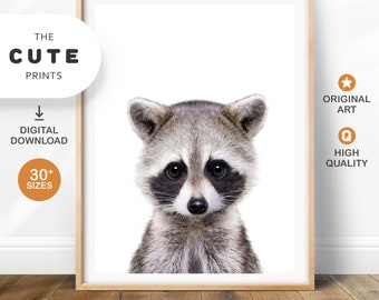 Arte de pared para guardería con estampados de animales, impresión artística de mapaches, decoración de guardería con animales del bosque