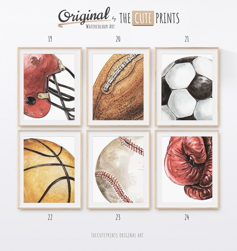 May include: Watercolor art prints of sports equipment, including a football helmet, football, soccer ball, basketball, baseball, and boxing glove. The prints are in wooden frames and feature the text "Original by THE CUTE PRINTS WATERCOLOUR ART".