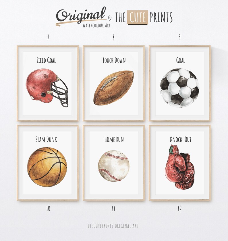 May include: Watercolor art prints featuring sports equipment. Includes a red football helmet, a brown football, a black and white soccer ball, a basketball, a baseball, and a red boxing glove. Each print has a sports-related word.