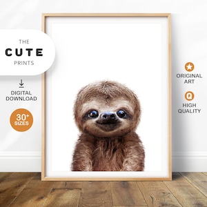 May include: A digital download of a cute sloth illustration. The sloth is brown and has big eyes. The illustration is on a white background. The text "THE CUTE PRINTS" is in the top left corner of the image. The text "ORIGINAL ART" is in the top right corner of the image. The text "HIGH QUALITY" is in the bottom right corner of the image.