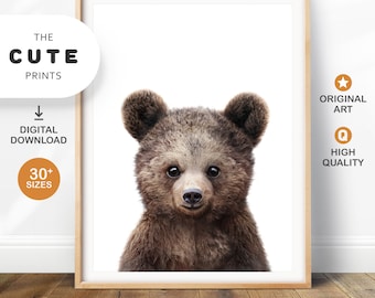 Impresión de oso bebé, arte de pared para guardería con animales del bosque, linda decoración de guardería con cachorro de oso, impresiones de arte de animales