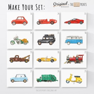 Puede incluir: Impresiones art&iacute;sticas en acuarela con varios veh&iacute;culos, incluyendo un coche deportivo rojo, un autob&uacute;s azul y blanco, un scooter amarillo y una gr&uacute;a vintage. El texto "MAKE YOUR SET" y "Original by THE CUTE PRINTS" es visible.