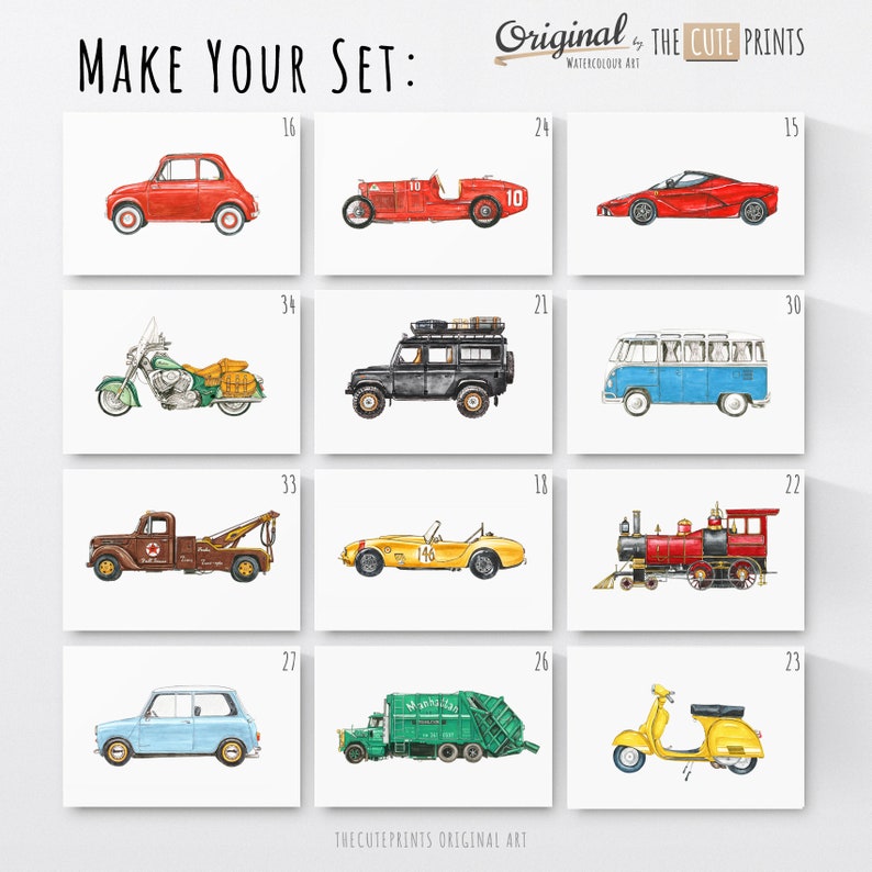 Puede incluir: Impresiones art&iacute;sticas en acuarela con varios veh&iacute;culos, incluyendo un coche deportivo rojo, un autob&uacute;s azul y blanco, un scooter amarillo y una gr&uacute;a vintage. El texto "MAKE YOUR SET" y "Original by THE CUTE PRINTS" es visible.