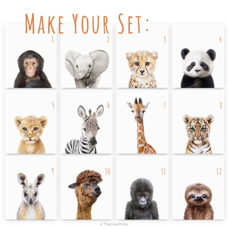 May include: A set of 12 printable animal illustrations. Each illustration features a different animal, including a chimpanzee, elephant, cheetah, panda, lion, zebra, giraffe, tiger, kangaroo, alpaca, gorilla, and sloth. The illustrations are in a cartoon style and are perfect for children's rooms or nurseries.