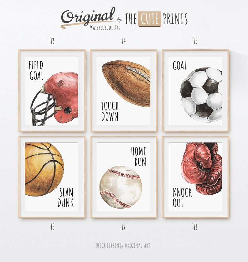 May include: Six framed watercolor prints featuring sports equipment. The prints include a football helmet, football, soccer ball, basketball, baseball, and boxing glove. Each print has a sports term: Field Goal, Touch Down, Goal, Slam Dunk, Home Run, and Knock Out.