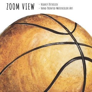 May include: Watercolor painting of a basketball, featuring a detailed, textured surface in shades of brown and tan. Black lines delineate the panels. The text "ZOOM VIEW" and "HIGHLY DETAILED - HAND PAINTED WATERCOLOR ART" are visible.