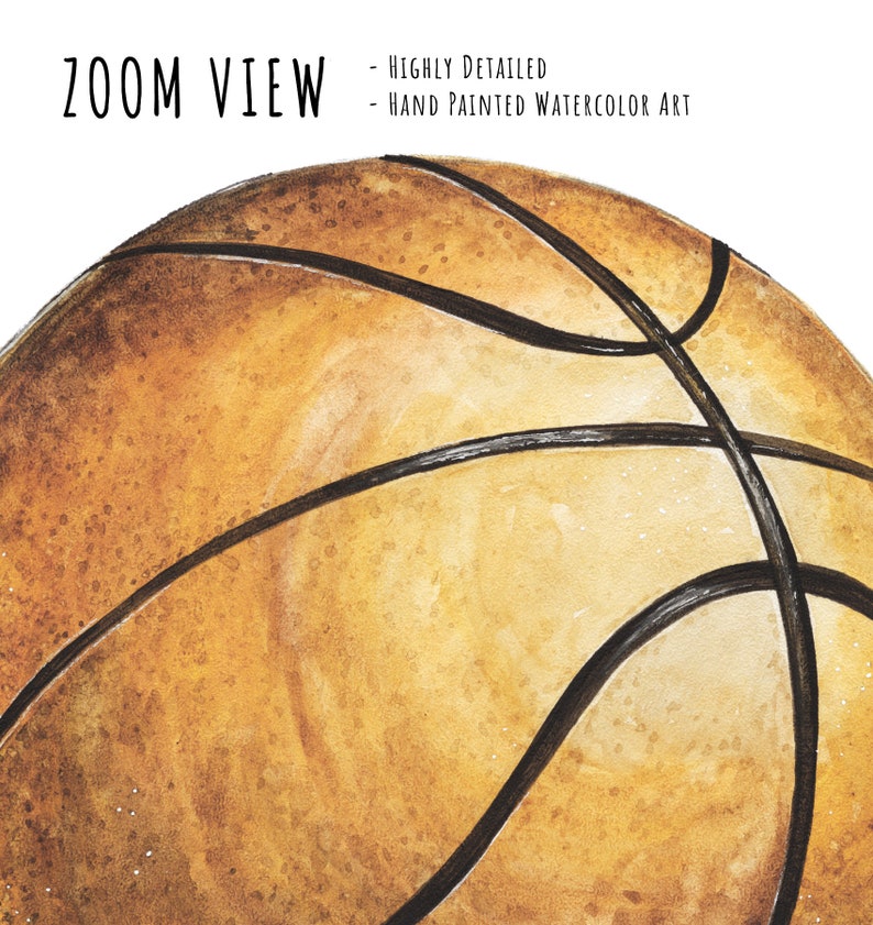 May include: Watercolor painting of a basketball, featuring a detailed, textured surface in shades of brown and tan. Black lines delineate the panels. The text "ZOOM VIEW" and "HIGHLY DETAILED - HAND PAINTED WATERCOLOR ART" are visible.