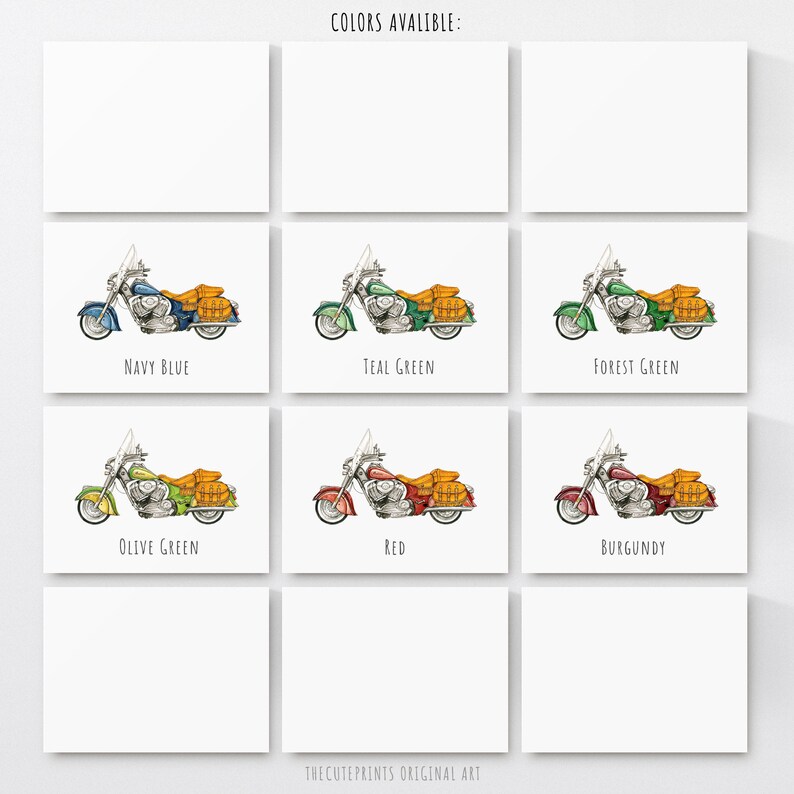 Puede incluir: Nueve ilustraciones de motocicletas en varios colores, incluyendo azul marino, verde turquesa, verde bosque, verde oliva, rojo y burdeos. Tambi&eacute;n est&aacute; presente el texto "COLORES DISPONIBLES" y "THECUTEPRINTS ORIGINAL ART".