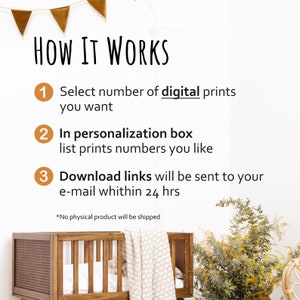 May include: Image with the text "HOW IT WORKS" and numbered steps. Step 1: Select number of digital prints you want. Step 2: In personalization box list prints numbers you like. Step 3: Download links will be sent to your e-mail within 24 hrs. *No physical product will be shipped.