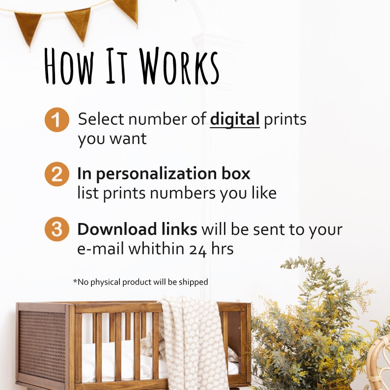 May include: Image with the text "HOW IT WORKS" and numbered steps. Step 1: Select number of digital prints you want. Step 2: In personalization box list prints numbers you like. Step 3: Download links will be sent to your e-mail within 24 hrs. *No physical product will be shipped.