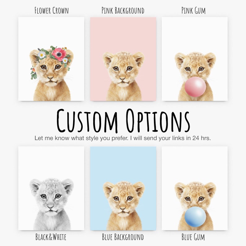 Peut inclure: Une illustration num&eacute;rique d'un lionceau avec diff&eacute;rentes options de personnalisation. Le lionceau est repr&eacute;sent&eacute; avec une couronne de fleurs, un fond rose, une bulle rose, un fond noir et blanc, un fond bleu et une bulle bleue.
