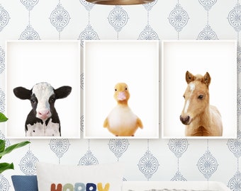 Farm Animal Prints Set of 3, Printable Wall Art, Nursery Print Animals Large Poster