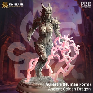 May include: A grey 3D printed miniature of a female dragon in human form, with horns, wearing armor and holding a pink flame. The miniature is on a round base with the text "Aurestia (Human Form) Ancient Golden Dragon".