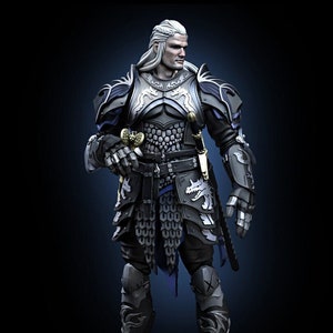 May include: A detailed figurine of a knight in full armor, with a silver helmet, chainmail, and a blue cape. The knight is holding a sword and has a dragon design on his armor.