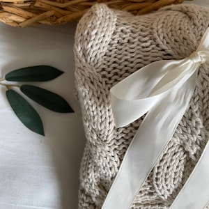 Hand Knit Cotton Baby Blanket Made-To-Order, Beige, Embroidered Name by Hand, Gift for Newborn, Baby Shower, Receiving Blanket for Baby Girl