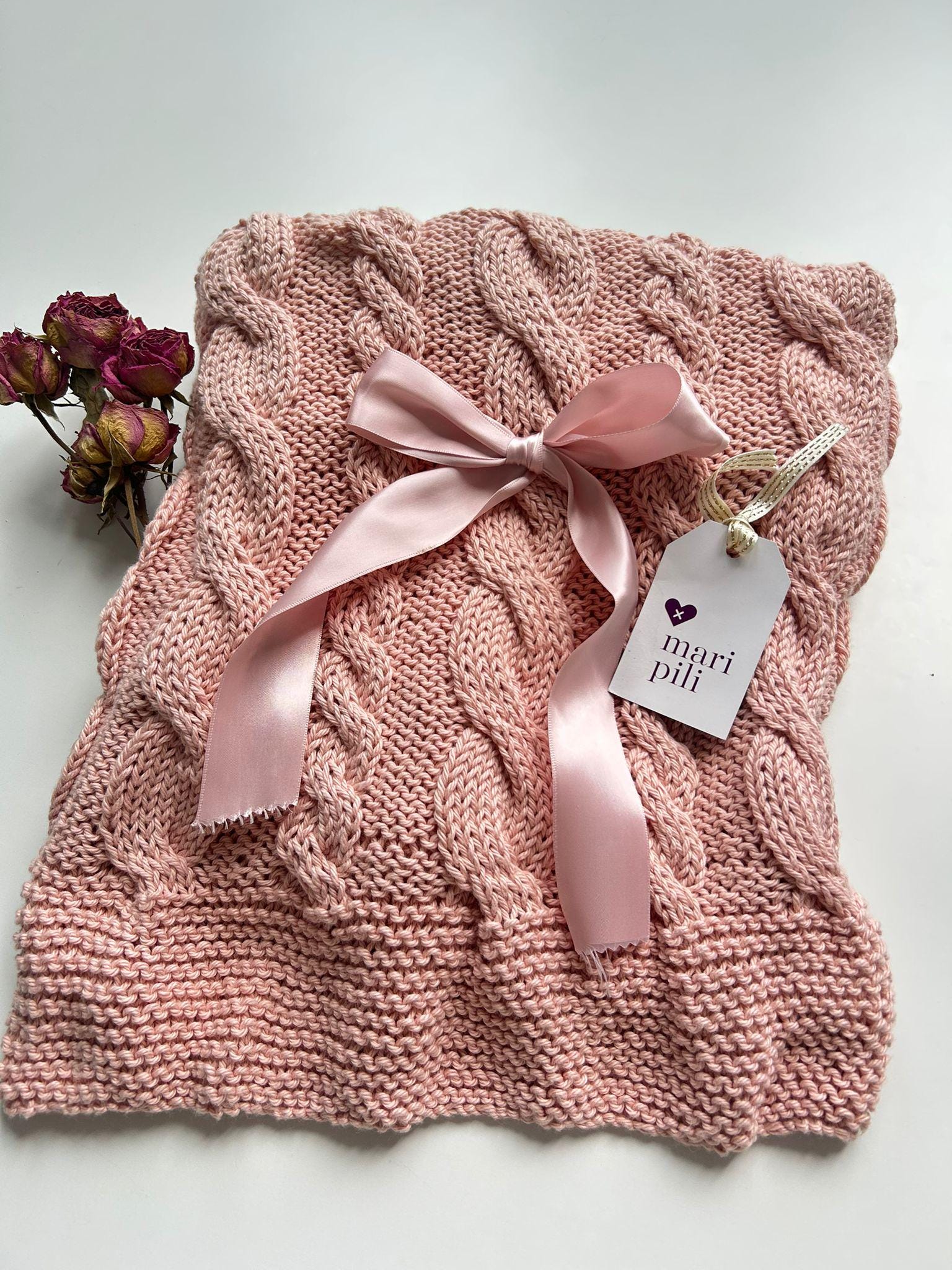 Pink Hand knit Baby Blanket for Baby Girl, 100% Cotton, Father’s Day Soft, Name embroidery, Coquette bows, Baby shower, Gender Reveal Gift