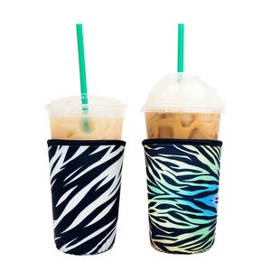 2-Pack Medium (20-24oz) Reusable Neoprene Insulator Sleeve for Iced Coffee or Cold Beverage Cups (Zebra Print)
