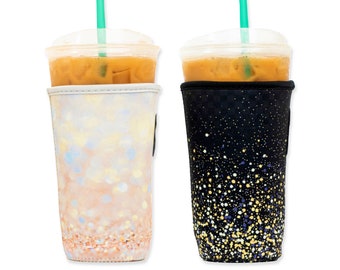 2-Pack Medium (20-24oz) Reusable Neoprene Insulator Sleeve for Iced Coffee or Cold Beverage Cups (Gold and Black Glitter Prints)