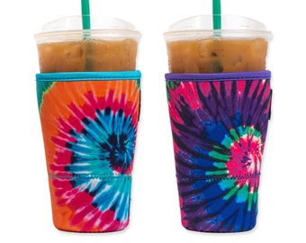 2-Pack Large (32oz) Reusable Neoprene Insulator Sleeve for Iced Coffee or Cold Beverage Cups (Tie Dye 1&3)