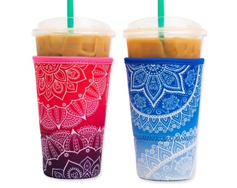 2-Pack Large (32oz) Reusable Neoprene Insulator Sleeve for Iced Coffee or Cold Beverage Cups (Blue & Pink Mandala)